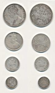 Victoria Empress, Silver (4), Rupee, ½ Rupee, ¼ Rupee and 2 Annas, 1886, 1877, 1889, 1899,