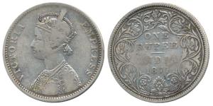 Victoria Empress, Silver Rupee, 1877, Bombay Mint, A3 / II / No Dot. Fine+, Rare.