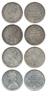 Victoria Empress, Silver Rupee (4), 1879 A3 / II / dot, 1880 A3 / IV / dot and 1880 A3 / I
