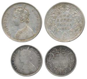 Victoria Empress, Silver (2), Rupee and ½ Rupee, 1880 Bombay Mint and 1899 Calcutta Mint. 