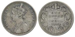 Victoria Empress, Silver Rupee, 1881, Bombay Mint, A3 / I /dot. Scarce.
