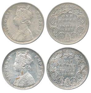 Victoria Empress, Silver Rupee (2), 1883, Bombay Mint, A3 / I / 'B' raised dot. About Very