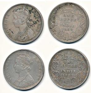 Victoria Empress, Silver Rupee (2), 1887, C3 / I / 'C' incuse and 1889, C2 / I / 'B' incus