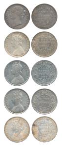 Victoria Queen / Empress, Silver Rupee (5), divided legend, 1840 Calcutta Mint, 1877 Bomba