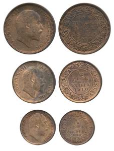 Edward VII, Copper (3), ¼ anna, ½ pice and 1/12 anna, 1910, Calcutta Mint. Very Fine+ to A