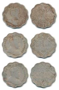 Edward VII, Cupro-Nickel 1 anna (3), 1908, 1909 and 1910, Bombay Mint. Rare as a set, Fine