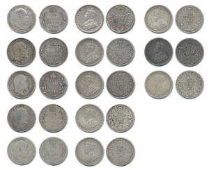 Edward VII and George V, Silver 2 Annas (13), 1904, 1905, 1906 (2), 1910 and 1912 Calcutta