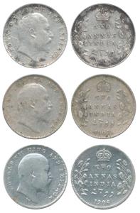 Edward VII, Silver 2 Annas, (3), 1905, 1906 and 1908, Calcutta Mint. Fine+ to Very Fine. (