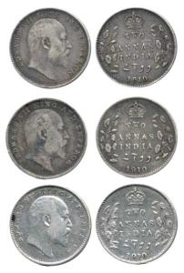 Edward VII, Silver 2 annas (3), 1910, Calcutta Mint. About Very Fine to Very Fine. (3)