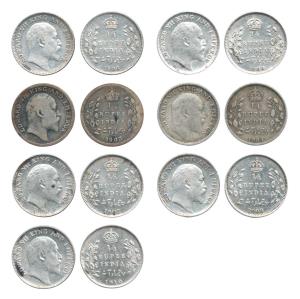 Edward VII, Silver ¼ Rupee (7), 1903, 1904 (2), 1906, 1907, 1908 and 1910, Calcutta Mint. 