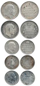Edward VII, Silver (5), ¼ Rupee 1905 Calcutta Mint (2), 2 Annas 1905, 1906 and 1907, Calcu