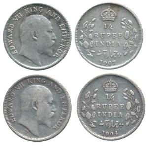 Edward VII, Silver ¼ Rupee (2), 1904 and 1907, Calcutta Mint. Very Fine. (2)