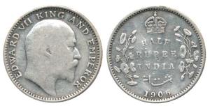 Edward VII, Silver Half Rupee, 1906, Bombay Mint. About Very Fine, Very Rare.