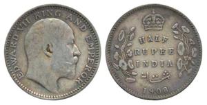 Edward VII, Silver ½ Rupee, 1908, Calcutta Mint. About Very Fine, Scarce.