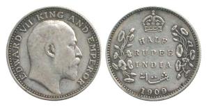 Edward VII, Silver ½ Rupee, 1909, Calcutta Mint. Very Fine, Rare.