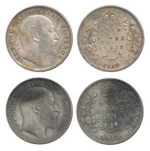 Edward VII, Silver Half Rupee (2), 1910, Calcutta Mint and 1910, Bombay Mint. Rare, Very F