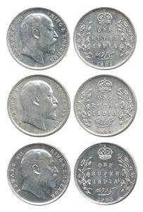 Edward VII, Silver Rupee (3), 1903, 1904 and 1905, Bombay Mint. Very Fine+ to Extremely Fi