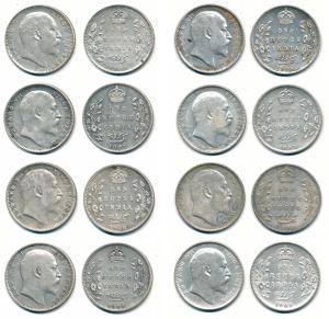 Edward VII, Silver Rupee (8), 1903 Calcutta Mint, 1904 Calcutta Mint, 1905 Calcutta Mint, 