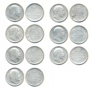 Edward VII, Silver Rupee (7), 1903 to 1910, except 1909, Calcutta Mint. Very Fine to Extre