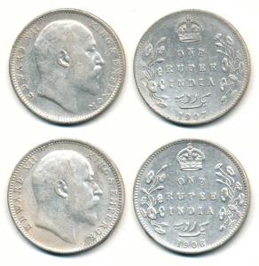 Edward VII, Silver Rupee (2), 1906 and 1907, Bombay Mint, with dot but without 'B' incuse.