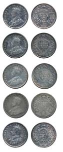 George V, Silver 2 Annas (5), 1912 Bombay Mint, 1913 Bombay Mint, 1914 Bombay Mint, 1916 C