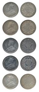 George V, Silver 2 Annas (5), 1912 Calcutta Mint, 1914 Calcutta Mint (2) and 1914 Bombay M