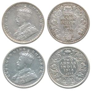 George V, Silver 2 Annas (2), 1914 and 1917, Calcutta Mint. Very Fine to Very Fine+. (2)