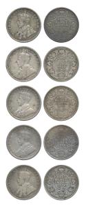 George V, Silver ½ Rupee (5), 1916 Calcutta Mint, 1918 Bombay Mint (2), 1919 Bombay Mint a