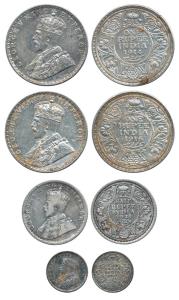 George V, Silver (4), Rupee ½ Rupee and 2 annas, 1914 Bombay Mint, 1916 Bombay Mint, 1921 