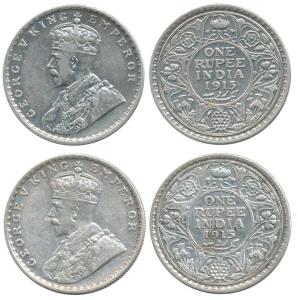 George V, Silver Rupee (2), 1915, Calcutta Mint and Bombay Mint. Very Fine, Scarce. (2)