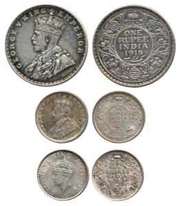 George V and VI, Silver and Half Silver (3), Rupee and ¼ Rupee, 1918 Bombay Mint, 1917 Cal