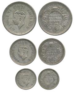 George VI, Half Silver (3) Rupee, ½ Rupee, ¼ Rupee, 1944, Lahore Mint. Very Fine, Scarce a