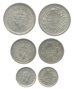 George VI, Half Silver, Rupee, ½ Rupee and ¼ Rupee (3), 1945, 1944 and 1944, Lahore Mint. 