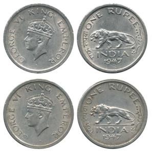 George VI, Nickel Rupee (2), 1947, Lahore Mint. Very Fine+, Scarce. (2)