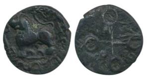 Satvahanas, Satkarni, Potin 4.77g, Junnar Lion type, lion standing to left facing a Yupa, 