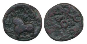 Satvahanas, Satkarni, Lead, 7.07g, Junnar Lion type, lion standing to left facing a Yupa (
