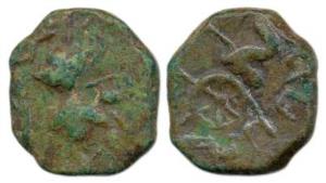 Western Kshatrapas, Bhumaka, Lead, 5.22g, thunderbolt with Brahmi legend, …tapasabhu … on 