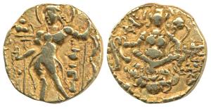 Guptas, Chandragupta II (c. AD 380-413), Gold Dinar, 7.7g, Archer type, king nimbate stand