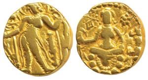 Guptas, Chandragupta II, Gold Dinar, 7.95g, Archer type, king standing to left holding a b