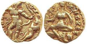 Guptas, Kumaragupta, Gold Dinar, 6.81g, Lion-Slayer type, king standing looking at the lio