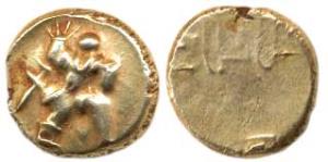 Vijayanagar, Bukka Raya I, Gold Pagoda, warrior walking right with upraised right hand on 