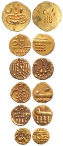 Veera Raya, Coorg, Gold Fanam (6), obv. stylized lion standing right with crescent above, 