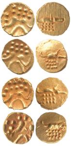 Veera Raya, Coorg, Gold Fanam (4), obv. stylized lion standing right with crescent above, 