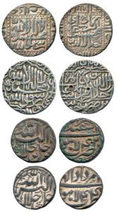 Akbar, Silver Rupee (4), Ahmedabad Mint, AH 983; Jaunpur Mint, AH 977, both Kalima type; L