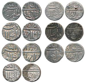 Akbar, Silver Rupee, Ahmedabad Mint, 7 different months, Aban, Azar, Bahman, Di, Farwardi,