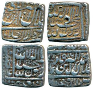 Akbar, Square Rupee (2), Ahmedabad Mint, AH 996 and Fathpur Mint, AH 986, Kalima type, com