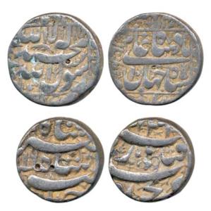 Jahangir, Silver Rupee, Qandhar Mint, RY 16; Shah Jahan, Silver Rupee, Multan Mint. About 