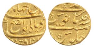 Jahandar Shah (AH 1124, AD 1712), Gold Mohur, 10.81g, Ahmednagar Mint, RY Ahd, complete mi