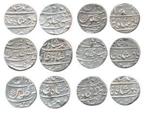 Muhammad Shah, Silver Rupee, Mumbai Mint, all different RY's 9, 10, 11, 18, 19, & 20. Very