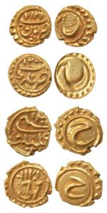 Tipu Sultan, Gold Fanam (4), Farrukhi, Kalikut, Nagar and Patan Mints, all with complete m